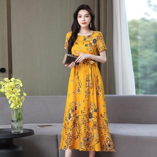 2021 Women Summer Vintage Floral Dress Casual Loose Short Sleeve Cotton Pocket Dress Elegant Maxi Party Dresses Robe Femme