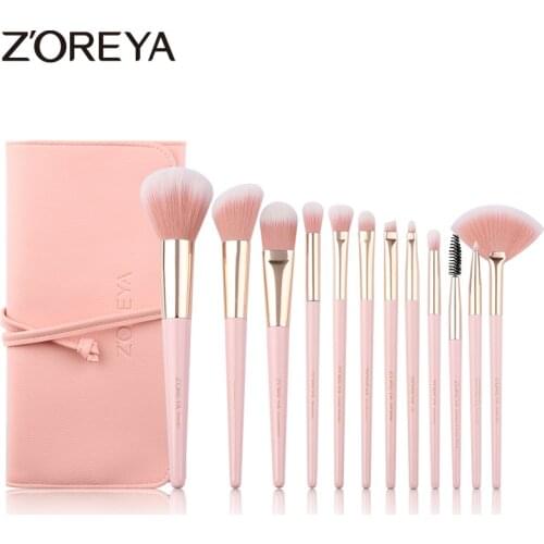 ZOREYA 12pcs Professional Makeup Brushes Super Soft Synthetic Hair Pink Handle Make Up Brush Blending Concealer Lip Beauty Tools