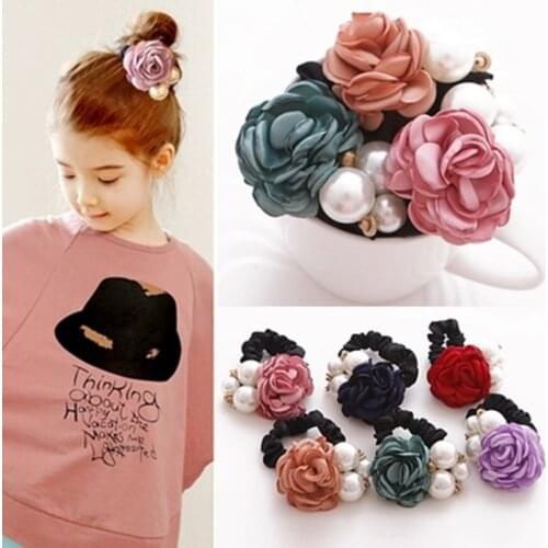 1pc Hair Accessories Women Fashion Style Big Rose Flower Pearl Rhinestone Hair Bands Elastic Hair Rope Ring For Girls