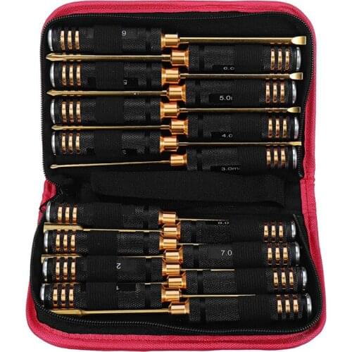 16Pcs Screw Nut Flat Hexagonal Screwdriver Steel Set with Bag Black Round Hand Shank For RC Model Mini Hand Tool