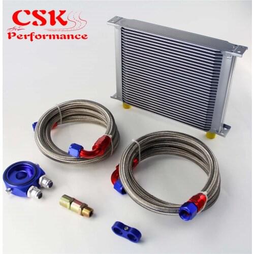 30 Row 248mm AN10 Universal Engine Transmission Oil Cooler British Type + Aluminum Filter Hose End Kit Silver/Blue
