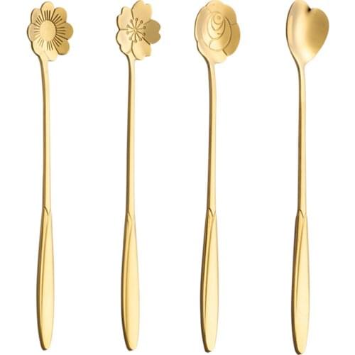 4PCS Cute Flower Stainless Steel Teaspoon Coffee Metal Golden Soup Dessert Spoon The Total Length Of Each Spoon Is About 18cm