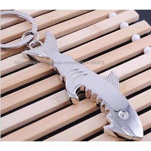 500pcs 2 in1 Keychain Bottle Opener Creative Shark Fish Key chain Beer Openers Keyring Can Openers Alloy Shark Shape DHL FEDEX