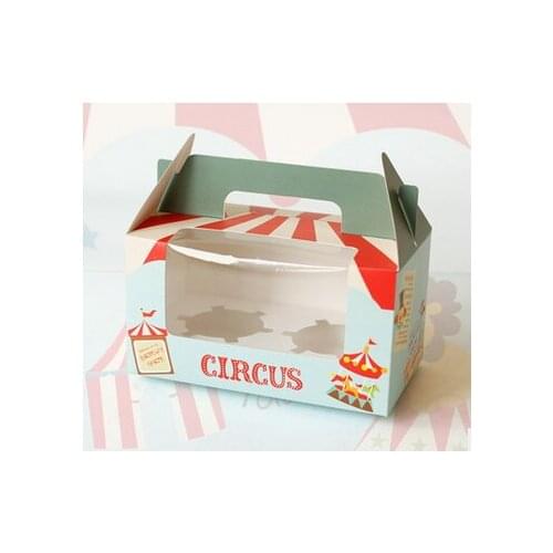 Free shipping 200pcs/lot 2 grid Circus portable Cupcake box PVC window macarons chocolate dessert box cake candy box