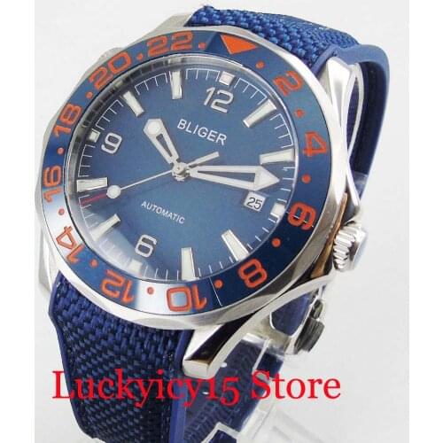 BLIGER Brand Sapphire Glass 41mm Date Window Rotating Bezel Blue Dial Automatic Men Wristwatch