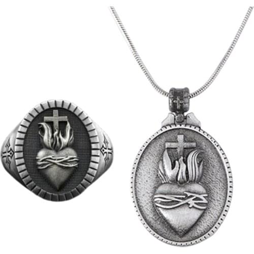 Christian Jesus Sacred Heart Cross Pendant Necklace Signet Rings For Men Vintage Antique Silver Plated Catholic Jewelry