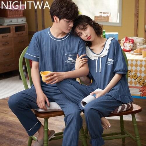 NIGHTWA Summer Knited Cotton Couple Pajama Sets Summer Print Pijama Couple Short Sleeve Mens Sleepwear O-neck Female Pyjamas