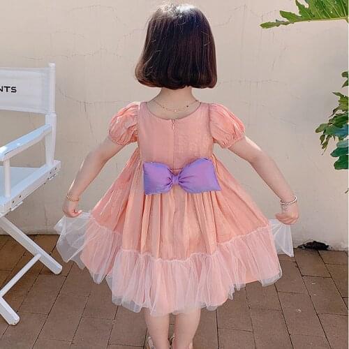 Summer Outfits Girls Kids Princess Bow Dress Fashion Short Sleeve Children Baby O-neck Ruffle Party Dresses Vestidos S12544