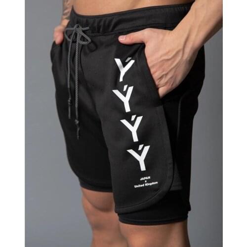 2020 New Men Shorts Gym Fitness Bodybuilding Men Sports Running Shorts Workout 2 In 1 Quick-drying Jogging Pants Black Summer