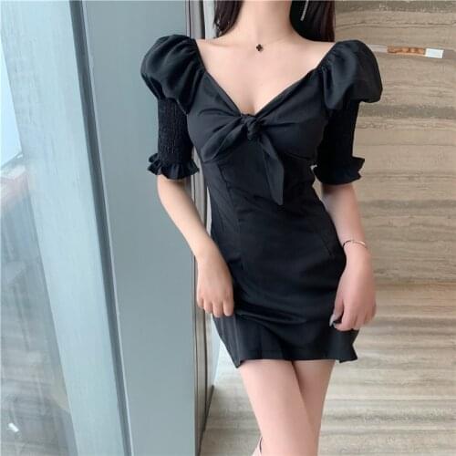 Solid blackwoman dress Deep V Neck High Waist Sexy Club dresses for women Puff Sleeves Bodycon Mini vestidos 2021
