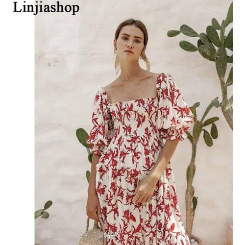Fashion Women Red Print Elegant Dress Sexy Square Neck Three-Quarter Sleeve Sashes A-line Midi Summer Dress Robe
