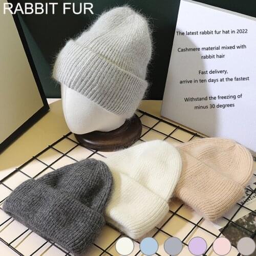 2021 Simple Rabbit Fur Winter Hats For Women Winter Skullies Warm Wool Cap Gorros Female Cap For Girl hat Knitted Caps