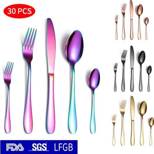 Rainbow Flatware Set 30 Pieces, Stainless Steel Colorful Silverware Set, Titanium Plating Rainbow Cutlery Set Knife Fork Spoon