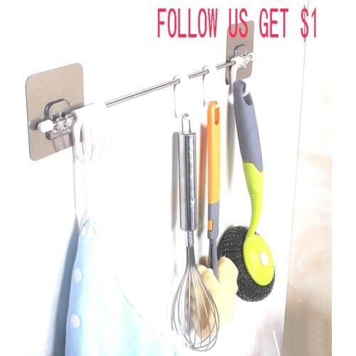 Self stainless steel Adhesive Kitchen 6 Hooks Towel Holder Firm Hang Storage Rack Organiser Hook