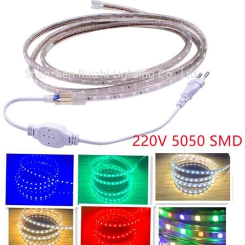 220V LED Strip Light Waterproof RGB Strip Led Ribbon 5050 Led Tape 220 Flexible Led Strip 220v 60Leds/M Lighting with EU Plug