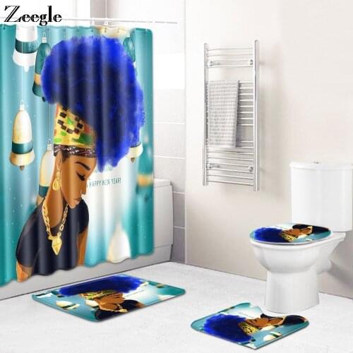 Zeegle 4pcs Bath Mat Set Waterproof Bathroom Curtain Flannel Soft Toilet Pedestal Rug Absorbent Foot Rug Toilet Cover Seat Mat