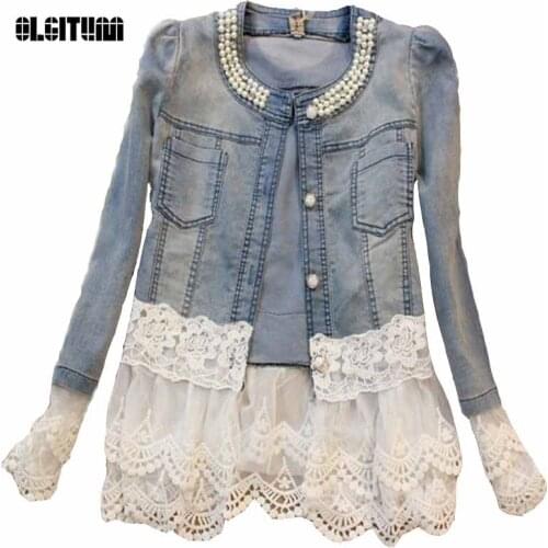 2019 Jeans Jacket Women Casacos Feminino Slim Lace Patchwork Beading Denim Lady Elegant Vintage Coat JK454