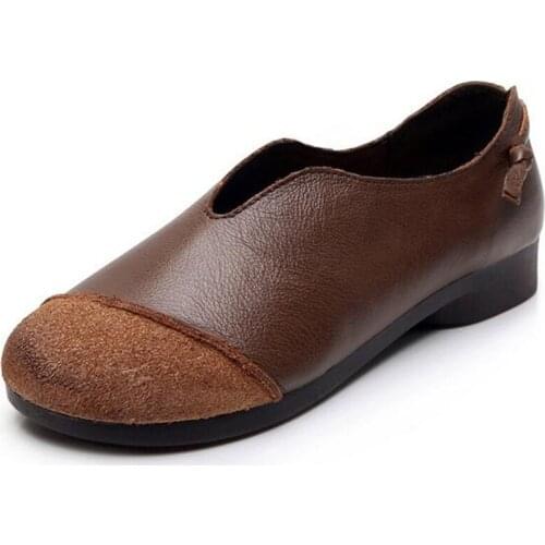 2019 New Soft Comfort Splice Cowhide Leather Shoes Woman Loafers Shoes Flat Soft Bottom Retro Driving Fashion Casual Shoes Flats