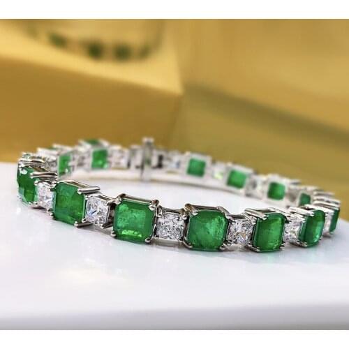925 Sterling Silver 7*7mm Square Covered with Created Moissanite Emerald Bracelet Retro Women Temperament Fine Jewelry 2021 New