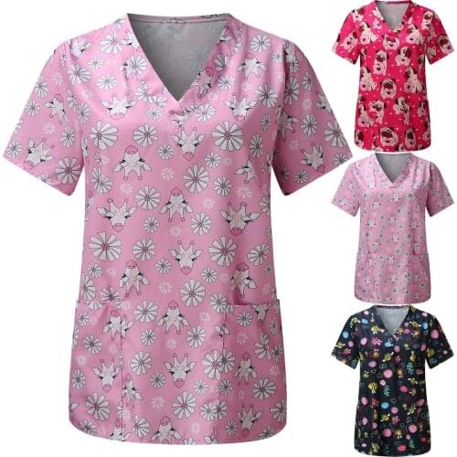 Women Short Sleeve V-neck Carer Top Lovely Flowers Printing Daily Work Shirt Top With Buttons Neckline Carer T-Shirt
