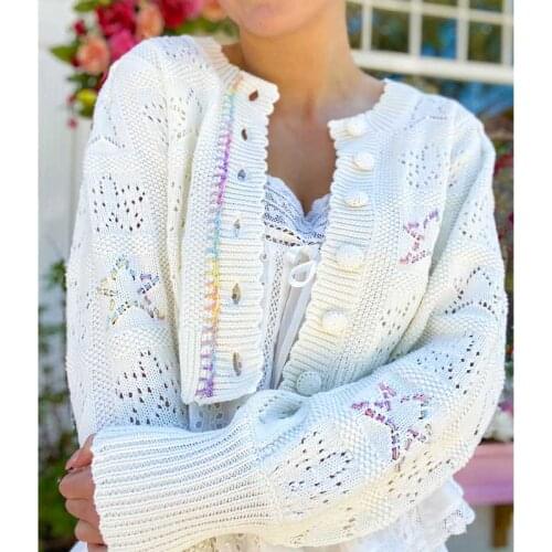 BOHO INSPIRED Cropped Cardigan fruit embroidery long sleeve sweet cardigan women Buttons Scalloped hem girl winter sweater new