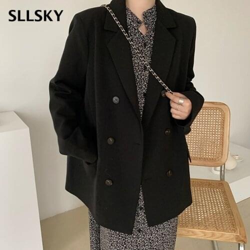 SLLSKY Vintage Women Blazer Black New Suit Jacket Y2K Autumn Loose Office Lady Blasers Long Sleeve Turn-down Collar Female Coat