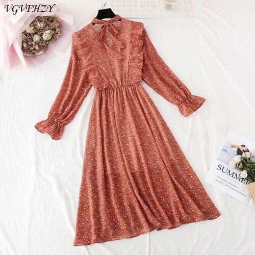 Bow-neck Floral Female Dress Full Sleeve Elastic Waist Chiffon Pleated Women Dress 2020 Spring summer dresses Vestidos femme