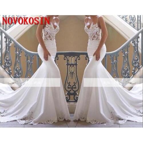 Custom Made Sexy Mermaid Wedding Dress Spaghetti Straps Lace Appliqued Tulle Long Train 2019 Satin Bridal Gown vestido de novia