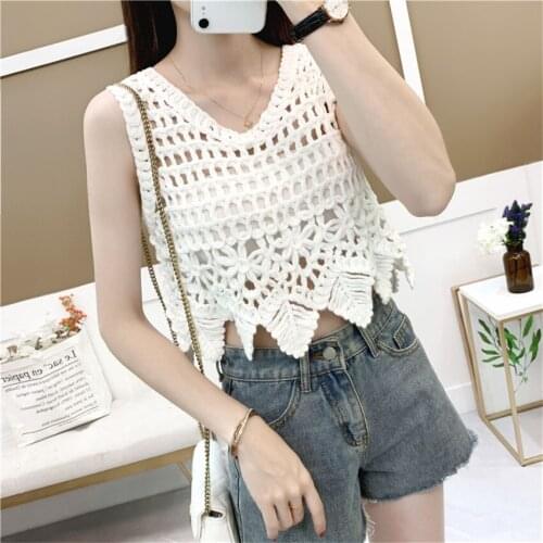 Bohemian Holiday Beach Crochet Vest Women Sleeveless Waistcoat Summer Hollow Out Vests Femme Crop Top Fashion Tee Shirt Femme