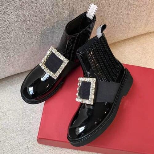 2021 New Booties Rhinestone Square Buckle Martin Boots Flat Womens Chelsea Boots