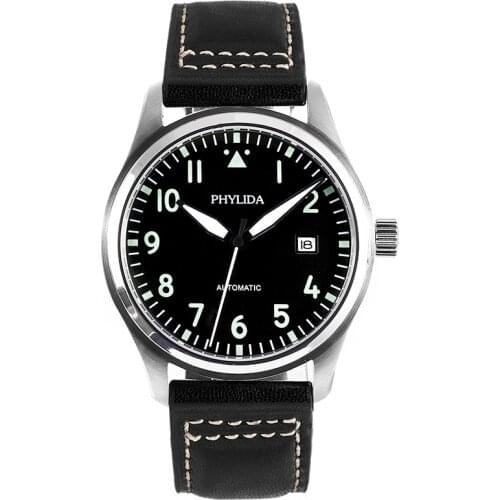42mm Black Pilot Watch 5ATM JAPAN MIYOTA Automatic Domed Sapphire Crystal Full Lumed Genuine Leather Strap