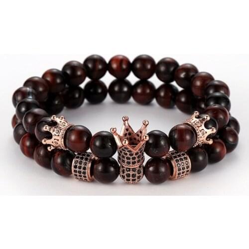 8mm 2PCS/Set thy2 elastic adjusted nature red Tigereye bead micro pave cz zircon cubic zirconia Macrame Charm Crown Bracelet