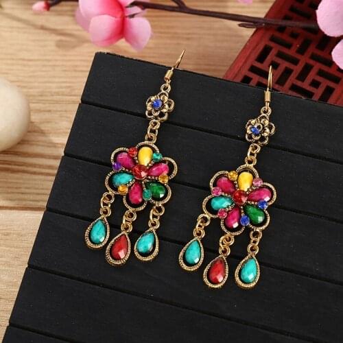 Bohemia Vintage Blue Turquoises Flower Dangle Earrings Ethnic Boho Gold Alloy Tassel Earrings Tibetan Jewelry Earrings 2021