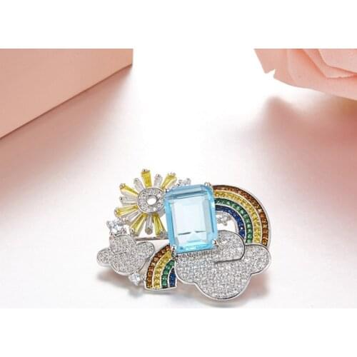 925 Sterling Silver Luxury Hot Colorful Rainbow Cute Brooch Colorful Sun Cloud Zircon Women Brooch Pin Jewelry Blue Square Stone