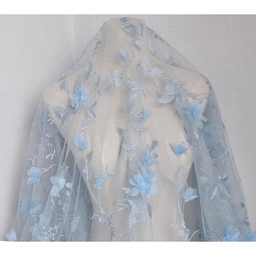 Quality gauze fabric 3d blue mesh flower Decal tissu High end clothing wedding dress patchwork
