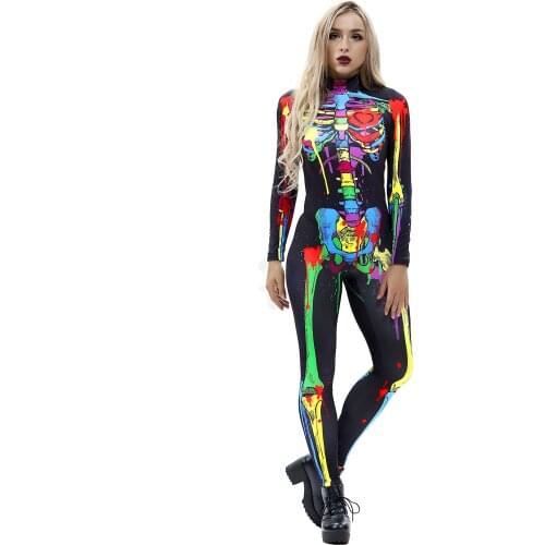 Cosplay Jumpsuit Skeleton Costume Jumpsuit 3D Print Scary Halloween Costumes For Women Mechanical Skull Plus Size Bodysuit