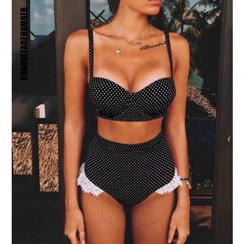 Lace High waist Bikini 2021 Push Up Swimwear Women Black Swimsuit Female High Waist Bathing Suit Dot Biquini Beach Wear Swimming