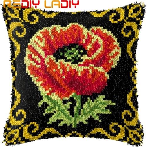 Latch Hook Cushion Poppy Flower Pillow Case Pre-Printed Color Canvas Acrylic Yarn Latched Hook Pillow Kits Crochet Cushion Cover