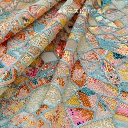 LASUI 2020 Hot sale 1 yard High quality Geometric patterns Encrypted embroidery sequins mesh lace fabric fashion design X616