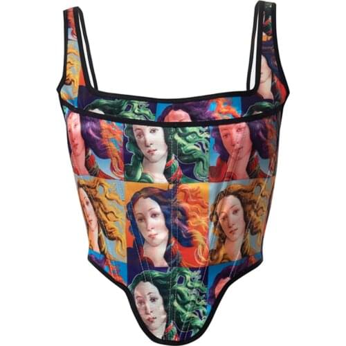 Summer Printing Sexy Backless Camisoles Nightclub Party Fashion Stretch Slim Halter Vest Fishbone T-shirt Short Tank Top