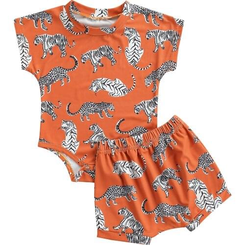 2Pcs Baby Boys Outfit Summer Infant Creative Cartoon Tiger Leopard Printing Short Sleeve Round Collar Rompers + Shorts Set