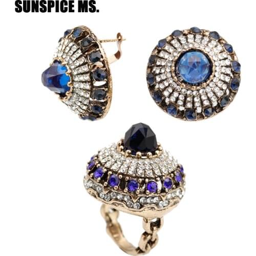 New Turkish Retro Vintage Ring Earring Sets For Women Antique Gold Color Natural Stone Full Crystal Bohemia Wedding Jewelry Sets