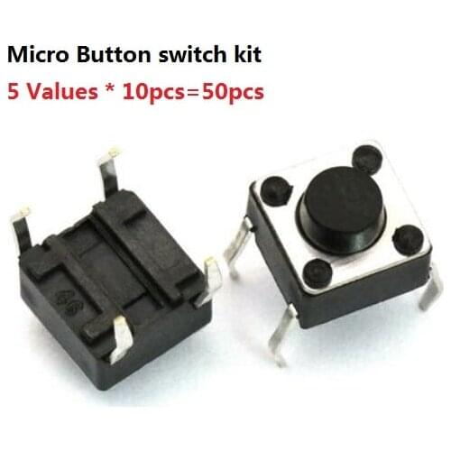 5Values * 10pcs=50pcs Micro switch Button kit pack 6x6x5+ 665(with support)+6*6*7mm+6 6 10+ 3*6*5 MM SET Assorted