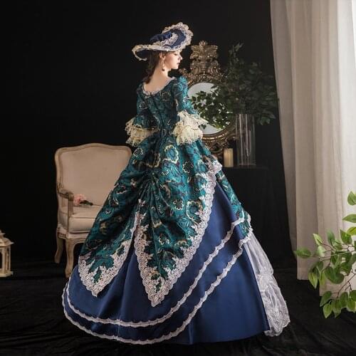 Real vintage blue flower jacquard rococo medieval ball gown with hat European court Gown queen dress Victorian Belle /ball gown