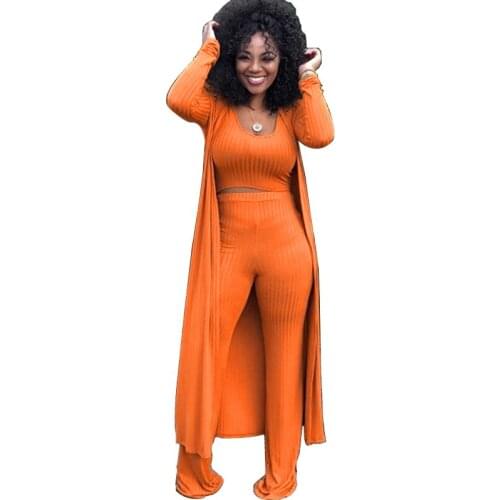AHVIT Solid Color Sexy Three Piece Set O Neck Crop Top And Long Coat And High Waist Full Length Pants Women Suit MY-K9294