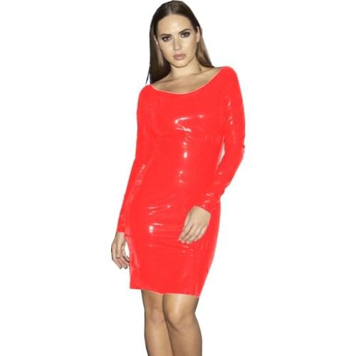 Plus Size Fashion Women Autumn PVC Pencil Dress Simple Scoop Neck Long Sleeve Mini Dress Sexy Package Hips Club Party Vestido