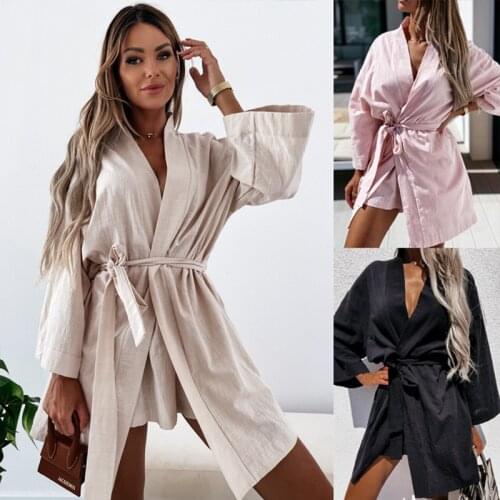 Lace Up Women V-Neck Kimono Cardigan Mini Dress Cotton Linen Long Sleeve Sashes Dress Casual Robe Style Summer Loose Vestidos