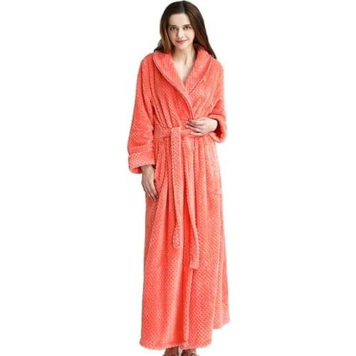 Women thermal hooded extra long flannel bathrobe thick warm winter kimono bath robe with belt female dressing gown plus size