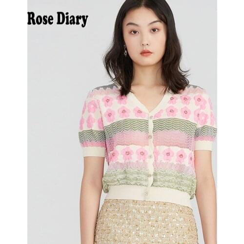 RoseDiary summer short sleeve sweaters for women vintage green heart pattern knitted top crop knitwear ladies v-neck jumpers