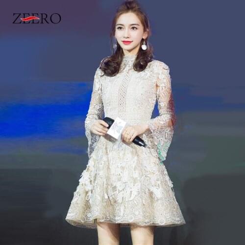 Summer Autumn Women Embroidery Flare Sleeve Runway Mini Lace Dress Elegant Female Luxury Diamonds Sexy Party Dresses Vestidos